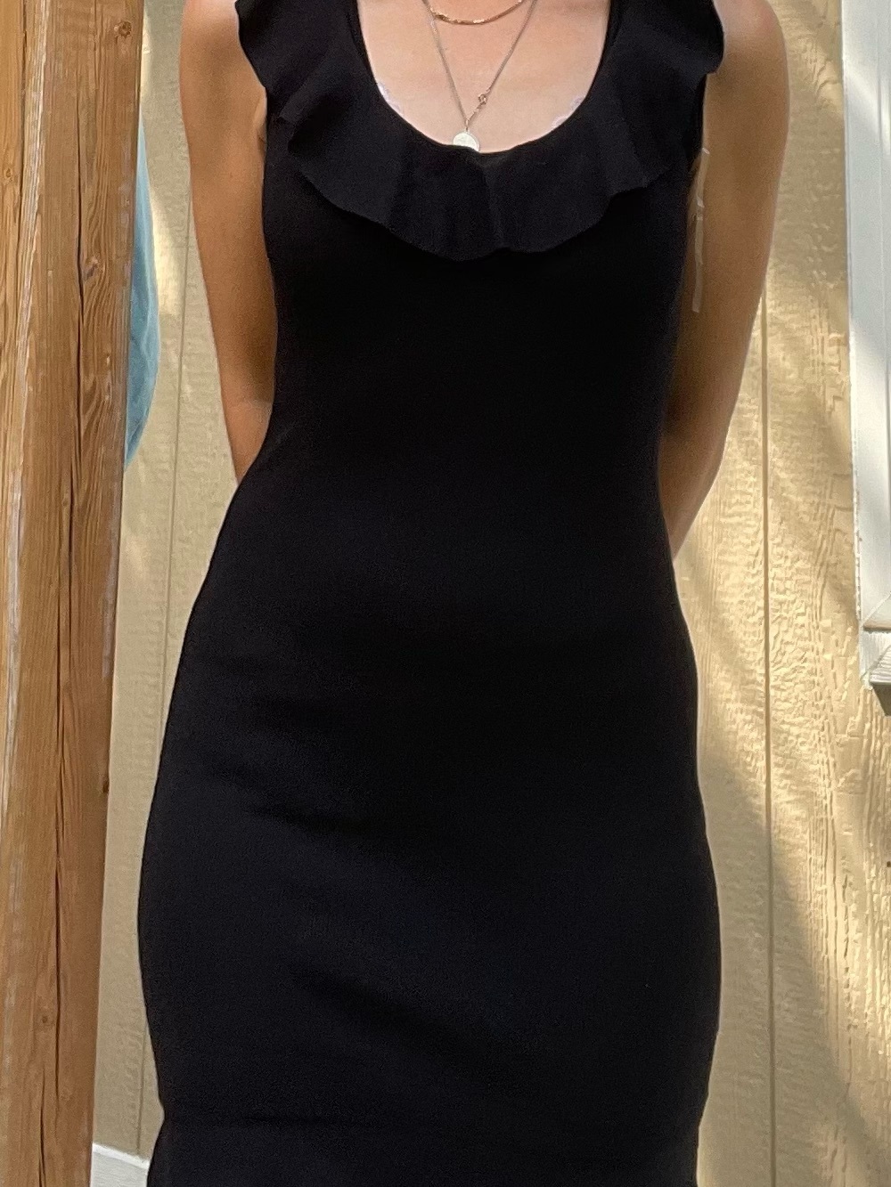 Revamped Black Ruffle-Trim Mini Dress sweater knit